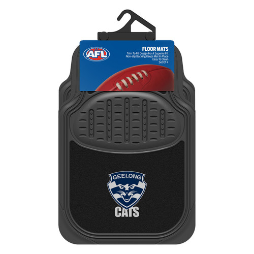 Geelong Cats Official AFL Car Mats - A set of four durable car mats featuring a combination of rubber and carpet materials. Show your support for the Cats while keeping your car clean and stylish on game day and beyond