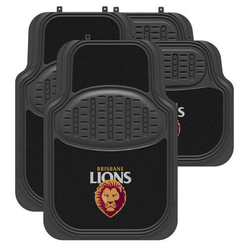 Brisbane Lions Official AFL car mats: Black rubber/carpet mats designed for universal fit in most cars. Features a driver's side heel pad and non-slip backing for added safety. Includes 2 front mats and 2 rear mats.