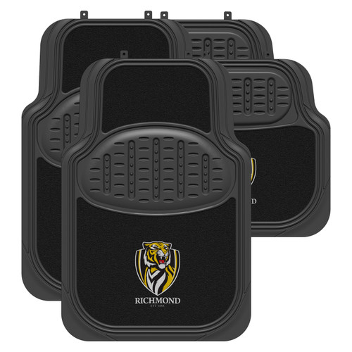Richmond Tigers Official AFL car mats: Black rubber/carpet mats designed for universal fit in most cars. Features a driver's side heel pad and non-slip backing for added safety. Includes 2 front mats and 2 rear mats.