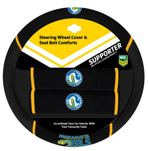 Parramatta Eels Official NRL merchandise pack featuring: 1 steering wheel cover (fits most 15-inch steering wheels) and 2 seat belt comforts, all crafted from durable mesh fabric.