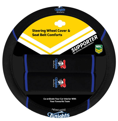 Newcastle Knights Official NRL merchandise pack featuring: 1 steering wheel cover (fits most 15-inch steering wheels) and 2 seat belt comforts, all crafted from durable mesh fabric.