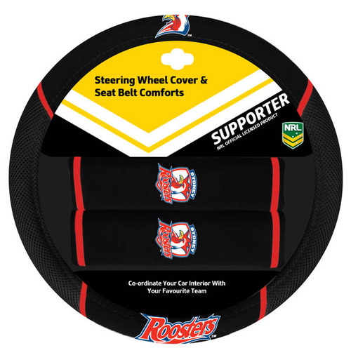 Sydney Roosters Official NRL merchandise pack featuring: 1 steering wheel cover (fits most 15-inch steering wheels) and 2 seat belt comforts, all crafted from durable mesh fabric.