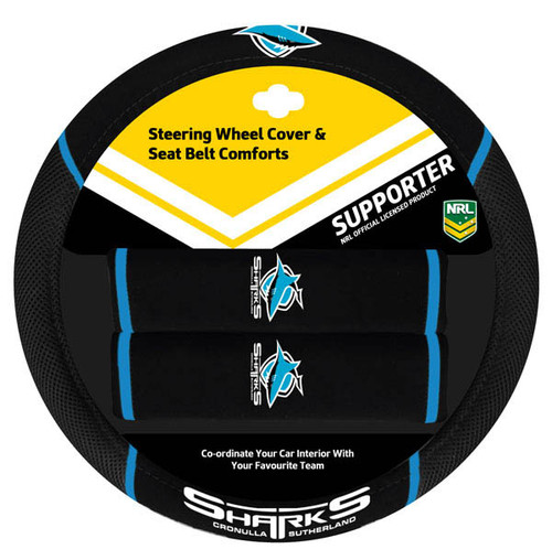 Cronulla Sharks Official NRL merchandise pack featuring: 1 steering wheel cover (fits most 15-inch steering wheels) and 2 seat belt comforts, all crafted from durable mesh fabric.