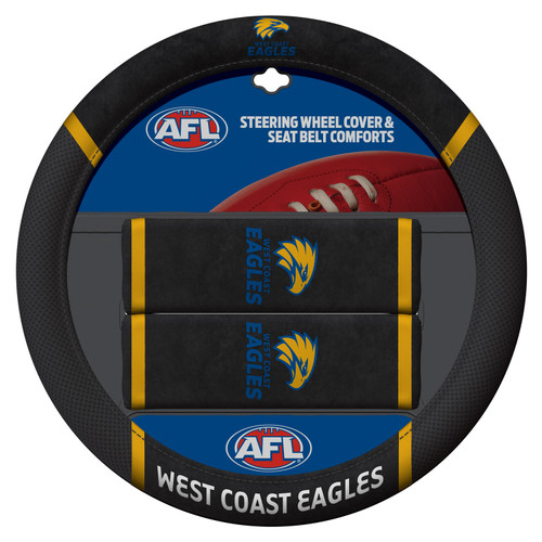 West Coast Eagles Official AFL merchandise pack featuring: 1 steering wheel cover (fits most 15-inch steering wheels) and 2 seat belt comforts, all crafted from durable mesh fabric.