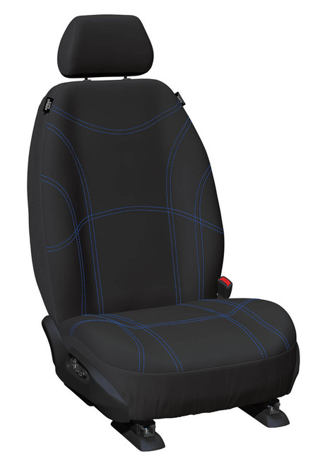 Black with blue stitching custom-fit neoprene seat covers for Toyota Hilux 100 Series, waterproof, airbag-safe, durable, front bucket seats.