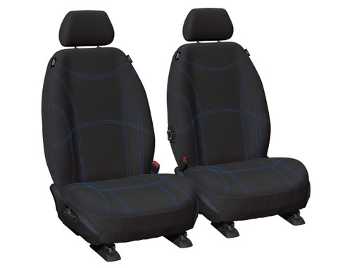 Pair of black neoprene bucket seat covers with blue stitch for Ford Ranger & Everest