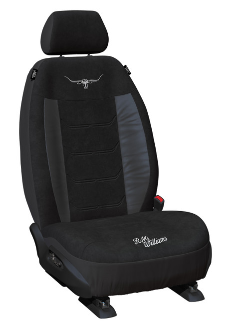 Custom-fit seat covers specifically designed for R.M.Williams vehicles. The covers are made from durable 8oz Deluxe Short Pile Velour fabric, providing long-lasting quality. They feature a 5mm foam backing for enhanced comfort during use. Additionally, the covers are reinforced with Heavy Duty Neotex 10oz skirt and backing, ensuring robust protection against wear and tear. Tailored to fit precisely, they boast a smooth lining for effortless installation