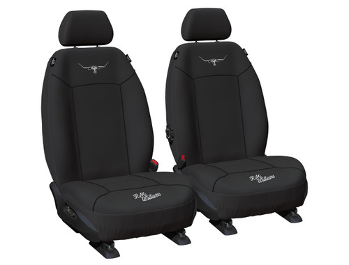 R.M. Williams custom-fit front seat covers in durable canvas with all-over construction and ready-made design for vehicle interiors.