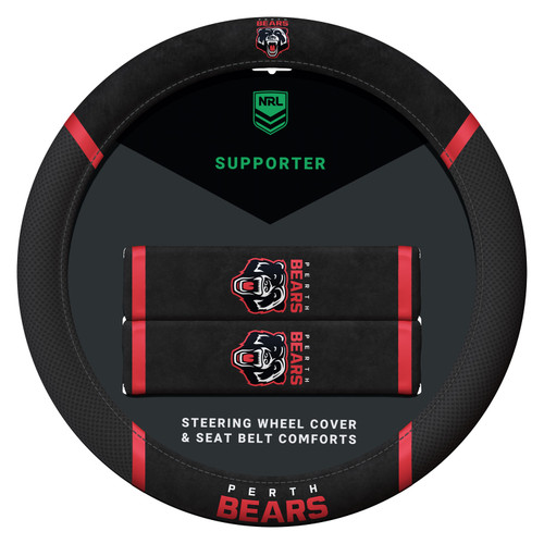 Official Perth Bears NRL steering wheel cover and seat belt comfort set featuring club logo and team branding for cars, utes and SUVs.