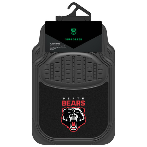 Official Perth Bears NRL car floor mat set including 2 front and 2 rear universal black carpet and rubber mats with non-slip backing and driver's heel pad.