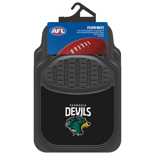 Official Tasmania Devils AFL car floor mat set of 4 featuring black carpet and rubber mats with team logo, universal fit, driver's heel pad and non-slip backing.