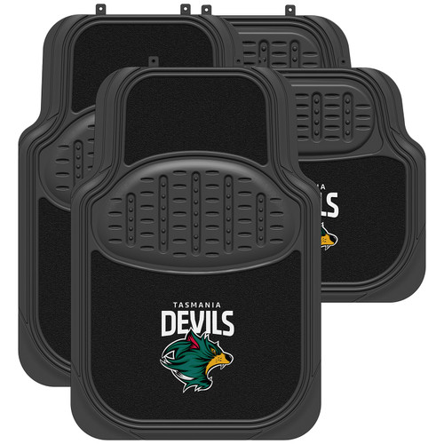Tasmania Devils Official AFL universal car floor mats including 2 front and 2 rear black carpet and rubber mats with non-slip backing and driver's heel pad.