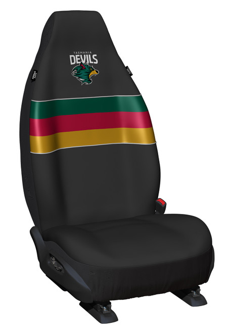 Pair of Official Tasmania Devils AFL universal front bucket seat covers in premium polyester with team logo, designed to suit most vehicles.