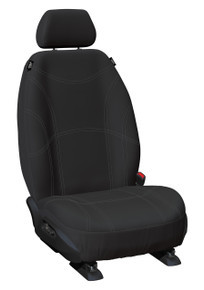 Custom-fit black neoprene front bucket seat covers with silver stitching for Toyota LandCruiser 200 Series