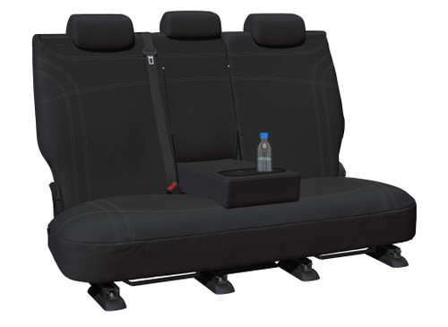 Fold-down rear armrest on Getaway Black neoprene rear seat cover with silver stitching for Mitsubishi ASX 2011-2016 display seat.