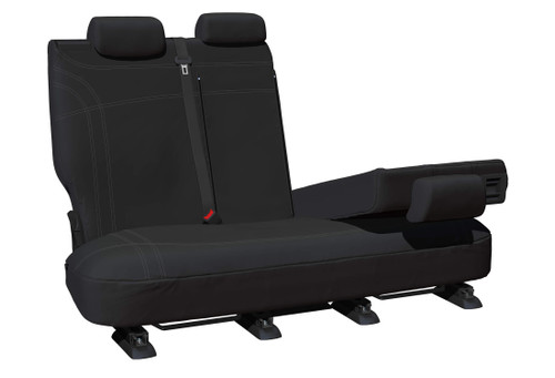 Getaway Black Neoprene rear seat cover display with silver stitching featuring custom-fit split rear backrest for Nissan Navara D40 RX, ST-X and STX550 Dual Cab.