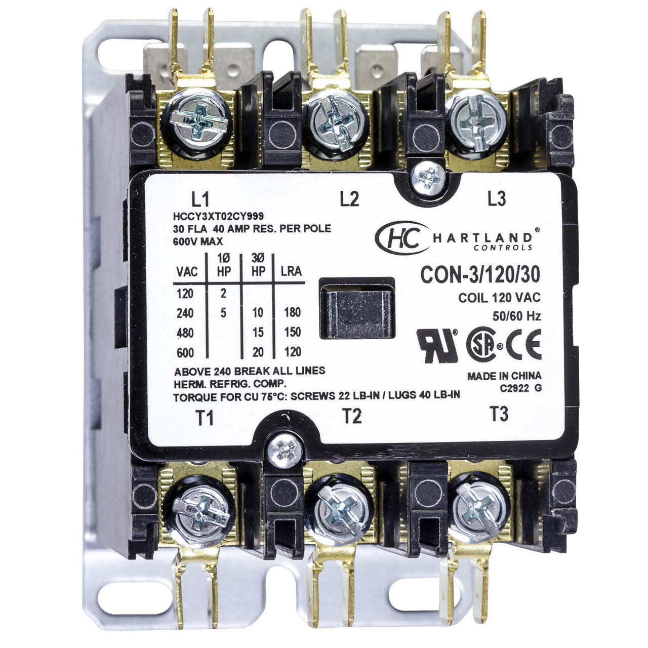 HartlandControls CON-3/120/30, HCCY3XT02CY999, 3P 120V 30A Contactor