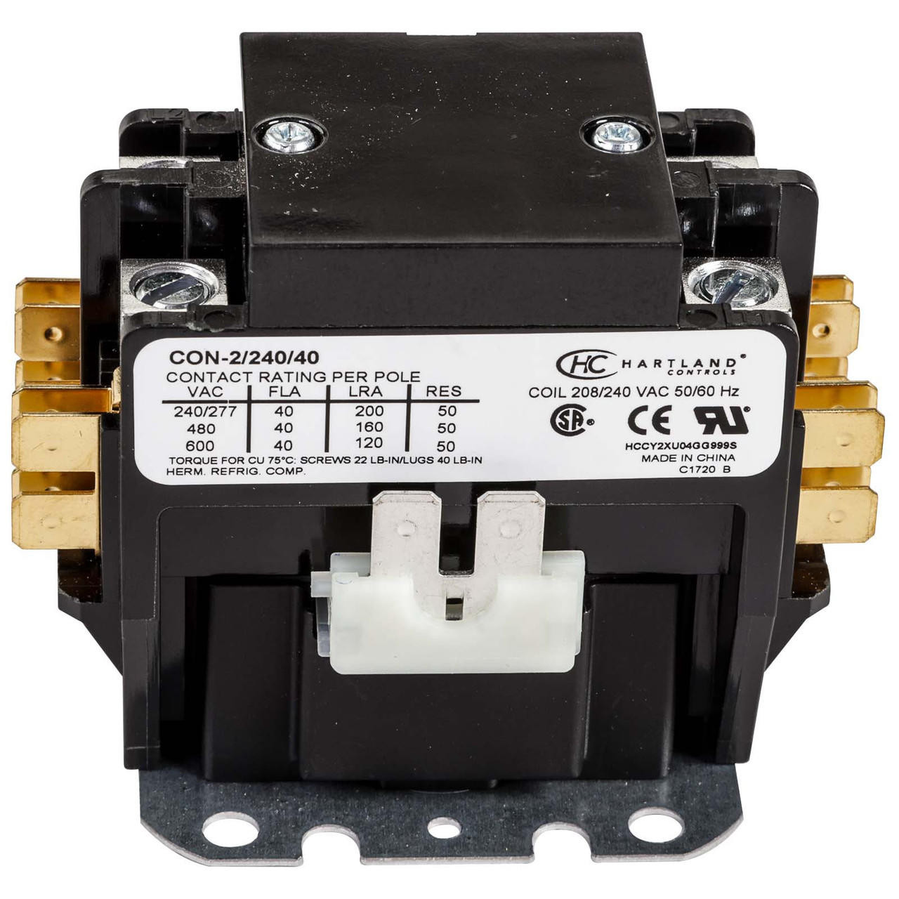 HartlandControls CON-2/240/40, HCCY2XU04GG999S, 2P 208/240V 40A Contactor