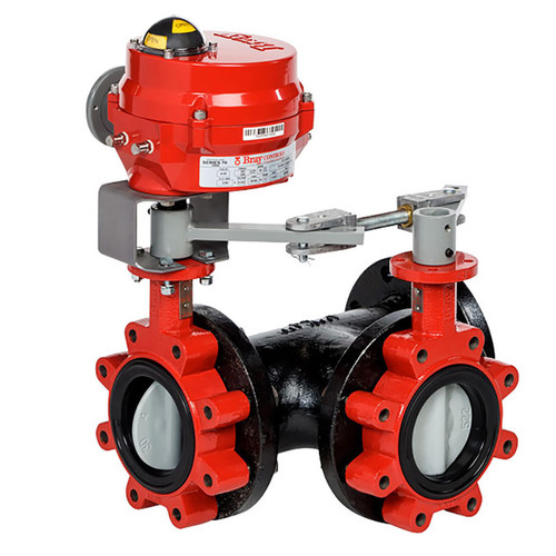 Bray Commercial Bray 3LNE-05L31/70-24-0081 Butterfly Valve, 3 Way, Flow Configuration 1, 5 Inch, Nylon Coated Disc, 50 PSI, 24 VAC Non-Spring Return Actuator, On-Off Control 