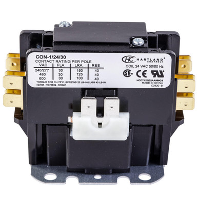 HartlandControls CON-1/24/30, HCCY1XQ02AA999CS, 1P 24V 30A Contactor  W/Shunt & Cover