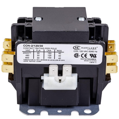 HartlandControls CON-2/120/30, HCCY2XT02AA999CS, 2P 120V 30A Contactor  W/Lugs & Cover