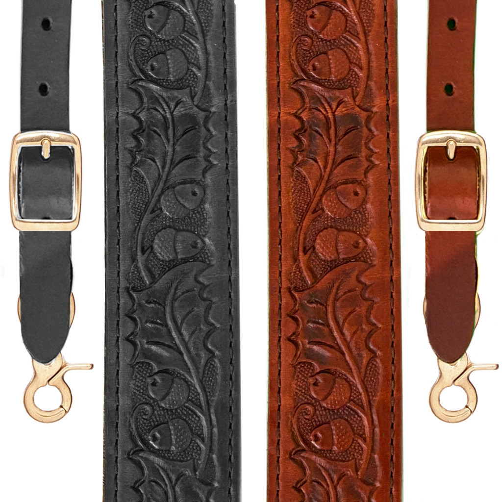 小物 L'AIGLON mesh suspender Hand Tooled Acorn Pattern Leather Suspenders With Trigger Snaps
