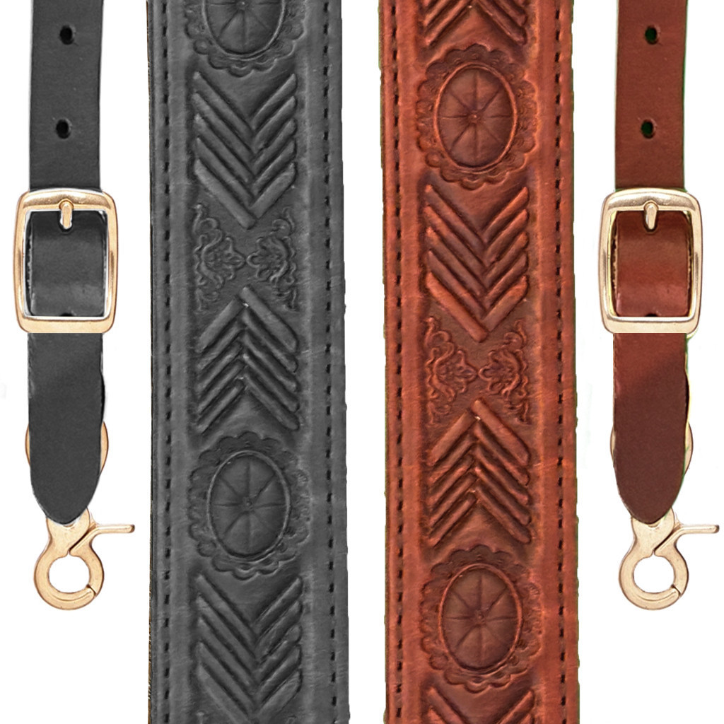 Hand Tooled Southwestern Pattern Leather Suspenders With Trigger Snaps