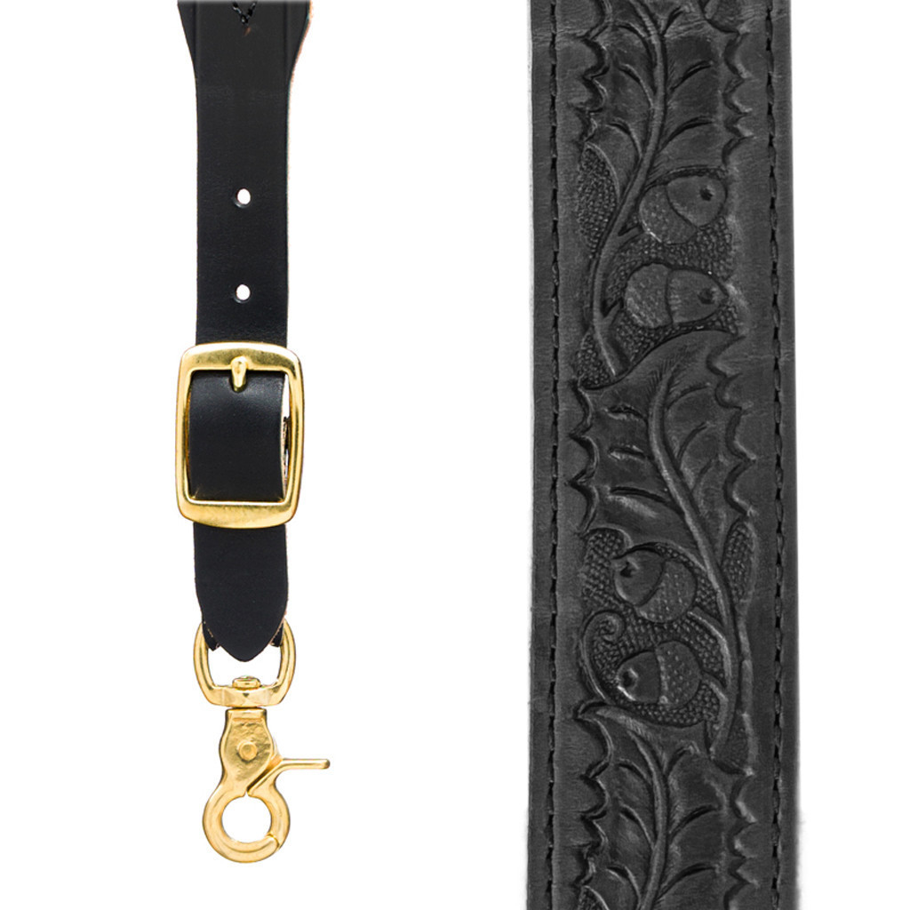 Hand Tooled Acorn Pattern Leather Suspenders With Trigger Snaps