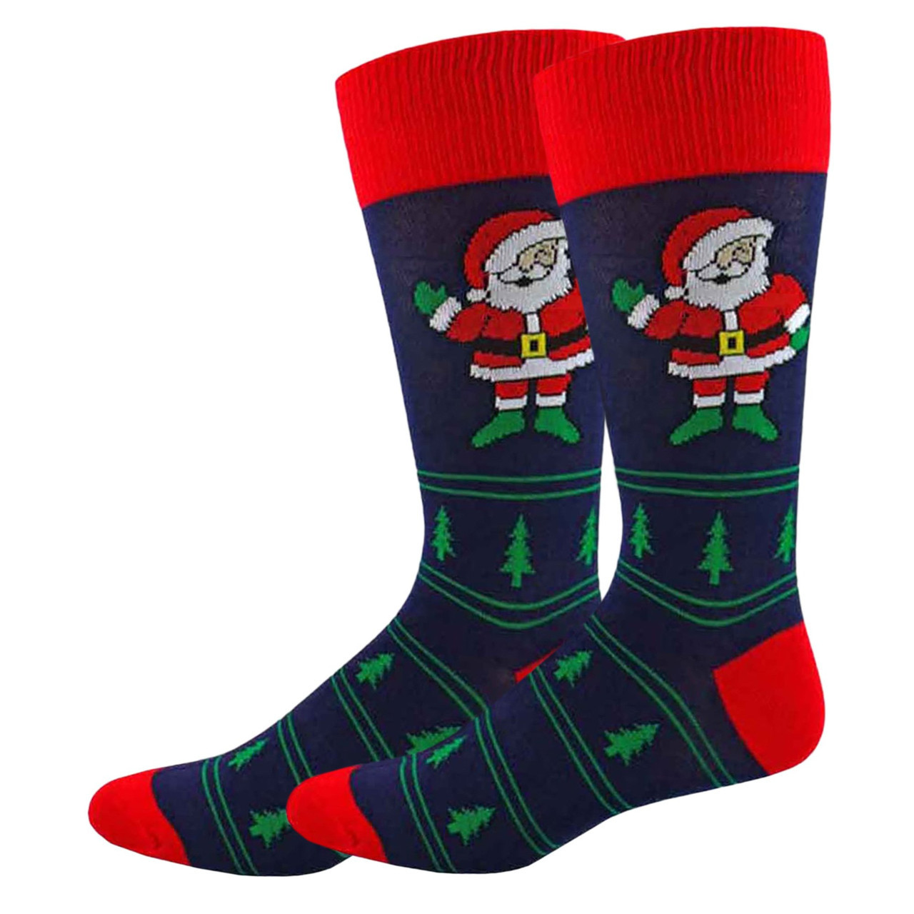 Men's Navy Blue Novelty Crew Socks with Hi! Santa and Christmas Tree Design  - Suspender Store