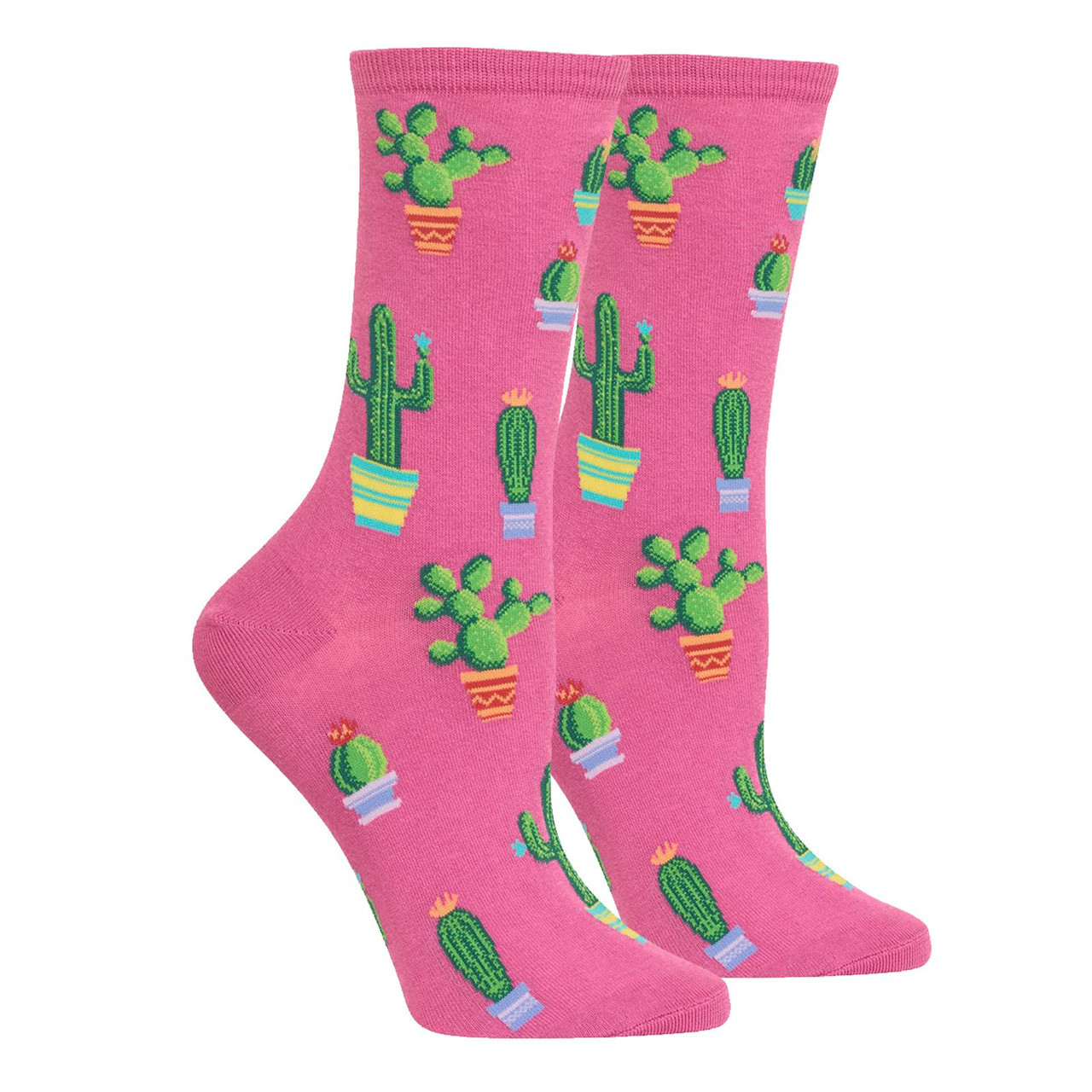 Women's Pink Cactus Crew Socks  Blooming with Style