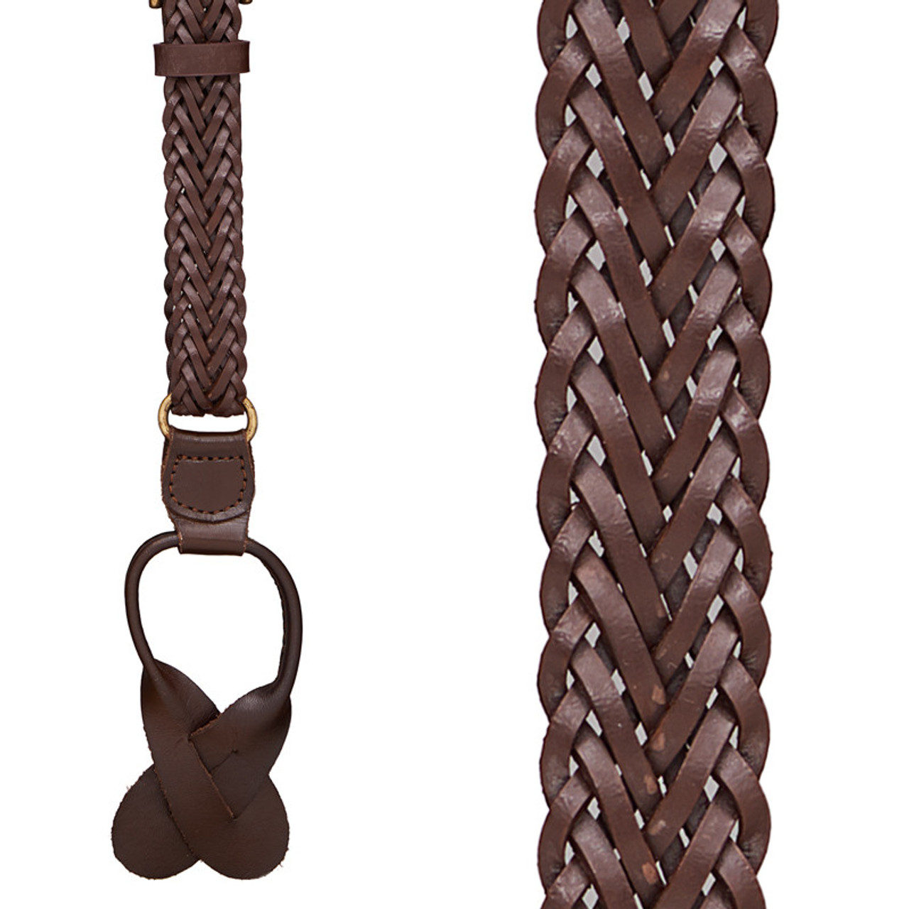 Herringbone Braided Leather Button Suspenders - BROWN