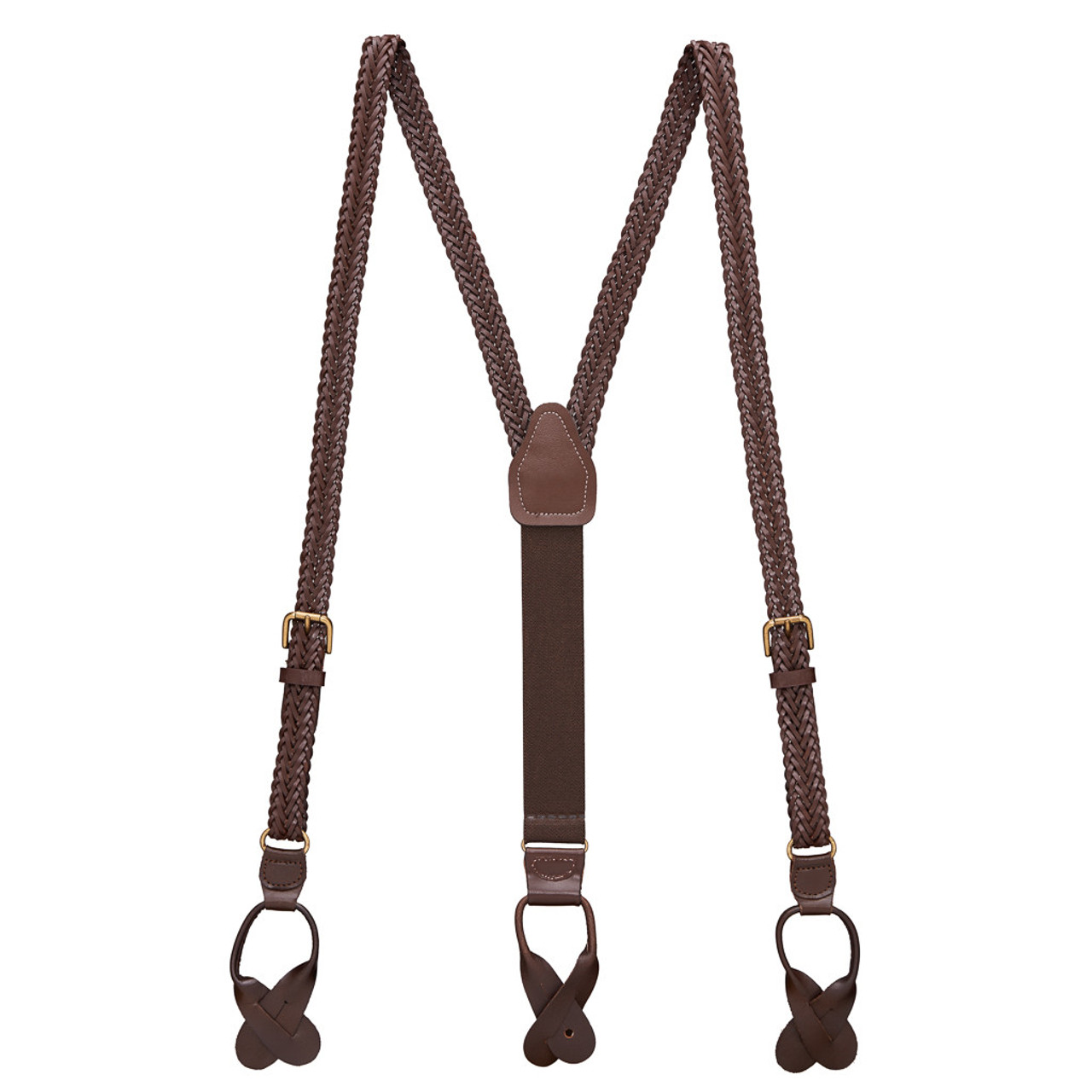 Herringbone Braided Leather Button Suspenders - BROWN