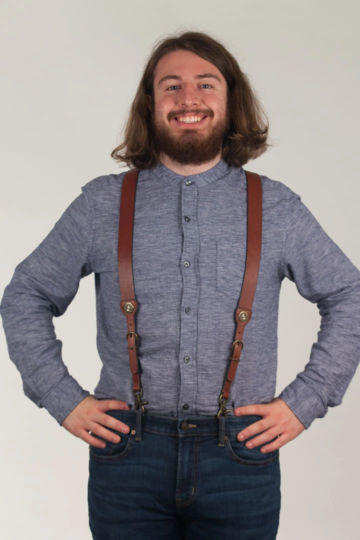 Brown Leather Gallus Suspenders Western 12 Gauge with Trigger Snaps