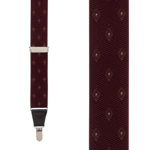 Jacquard Woven Diamond Suspenders in Burgundy - Front View