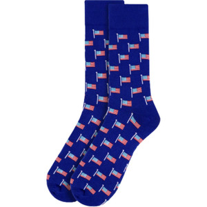 Patriotic Blue Crew Socks for Men Featuring American Flags on Poles – Stand Out in Style!