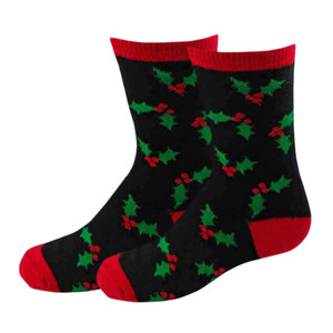 Kids' Holly Leaves and Red Berries Christmas Socks - Black