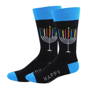 Men's Happy Hanukkah Colorful Menorah Socks - Black/Blue