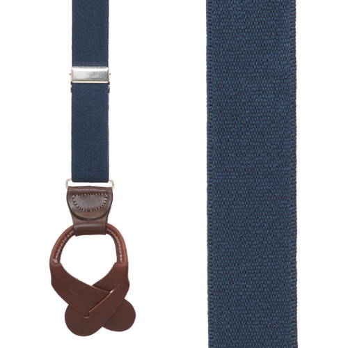 1.25 Inch Wide Button Suspenders in Navy with Brown Leather - Front View
