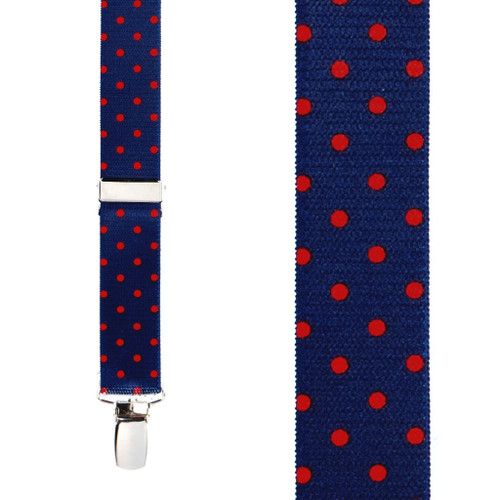 Polka Dot Suspenders with Red Dots on Navy - Front View