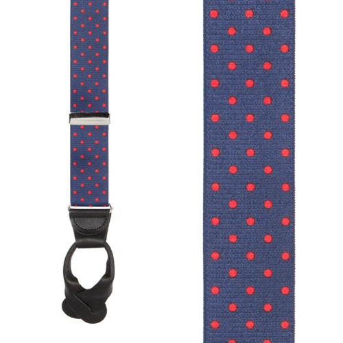Front View - Polka Dot Suspenders - Red on Navy 1.5 Inch Wide Button
