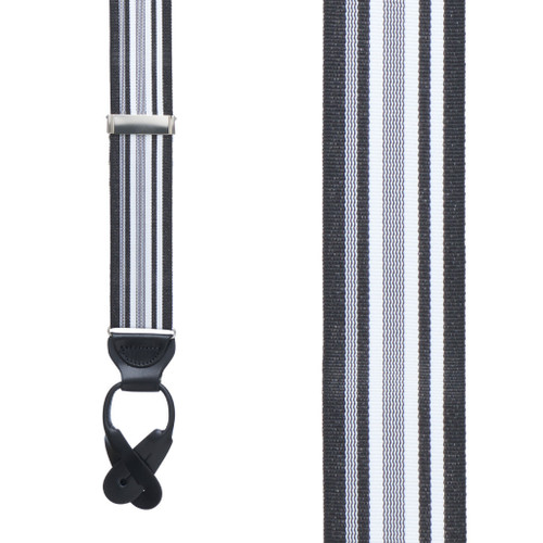 Grosgrain Button Suspenders - Black and White Stripe Front View
