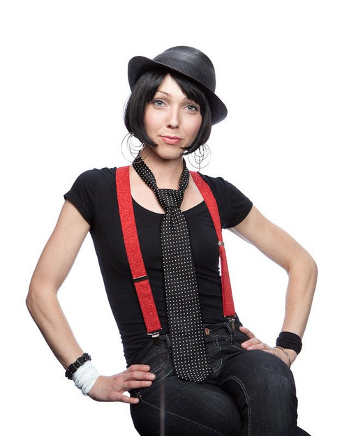 Model wearing suspenders