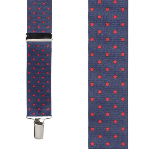Front View - Polka Dot Suspenders - Red on Navy 1.5 Inch Wide Clip