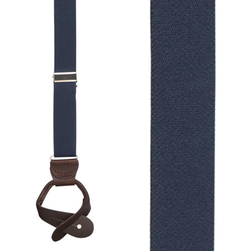 1 Inch Wide Button Suspenders in Navy Blue with Brown Leather - Front View