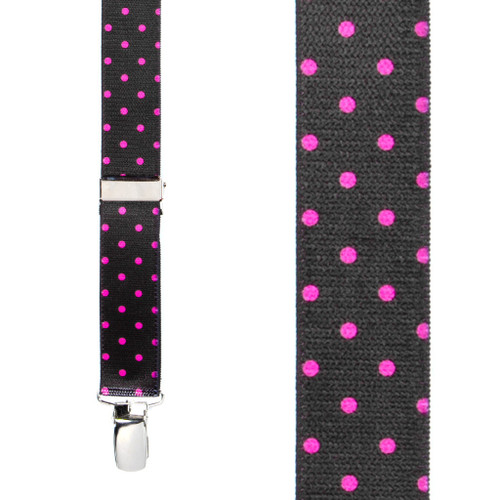 Pink Polka Dots on Black Suspenders - Front View