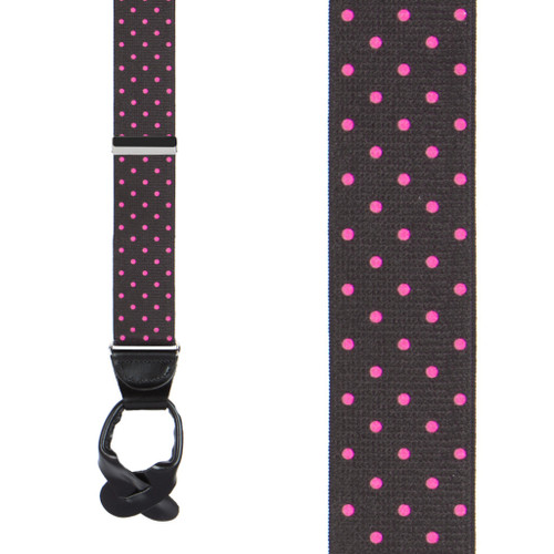 Pink Polka Dots on Black Suspenders - 1.5 Inch Wide Button Front View