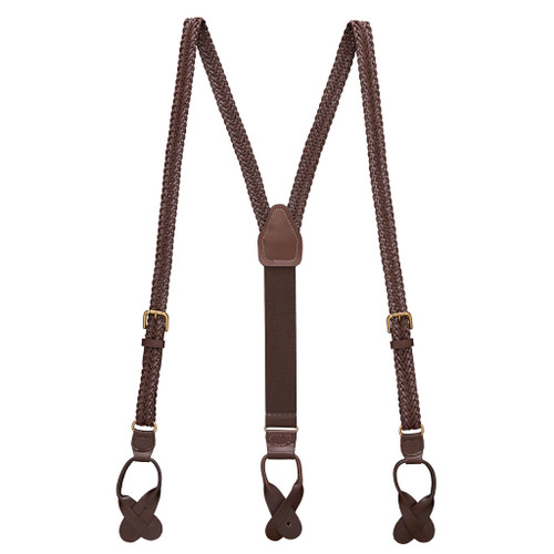 Brown Leather Herringbone Braided Suspenders - Button-On