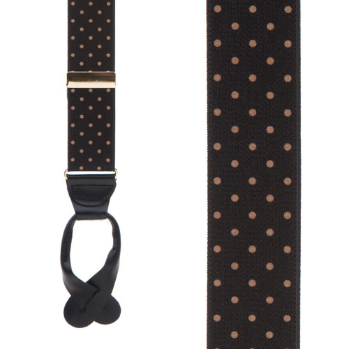 Front View - Polka Dot Suspenders - Khaki on Black 1.5 Inch Wide Button
