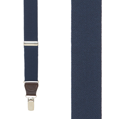 1.25 Inch Wide Y-Back Clip Suspenders in Navy Blue with Brown Leather - Front View