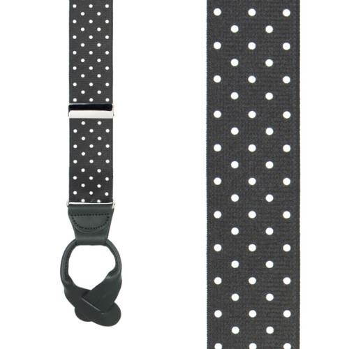 Front View - Polka Dot Suspenders - White on Black 1.5 Inch Wide Button